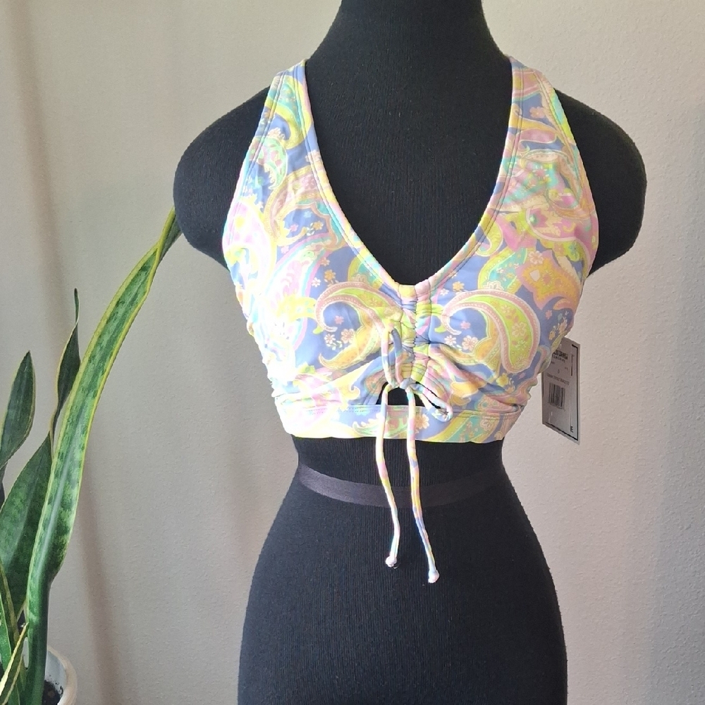 California Sunshine Pink and Yellow Halter Bikini Top with Ruched Detail